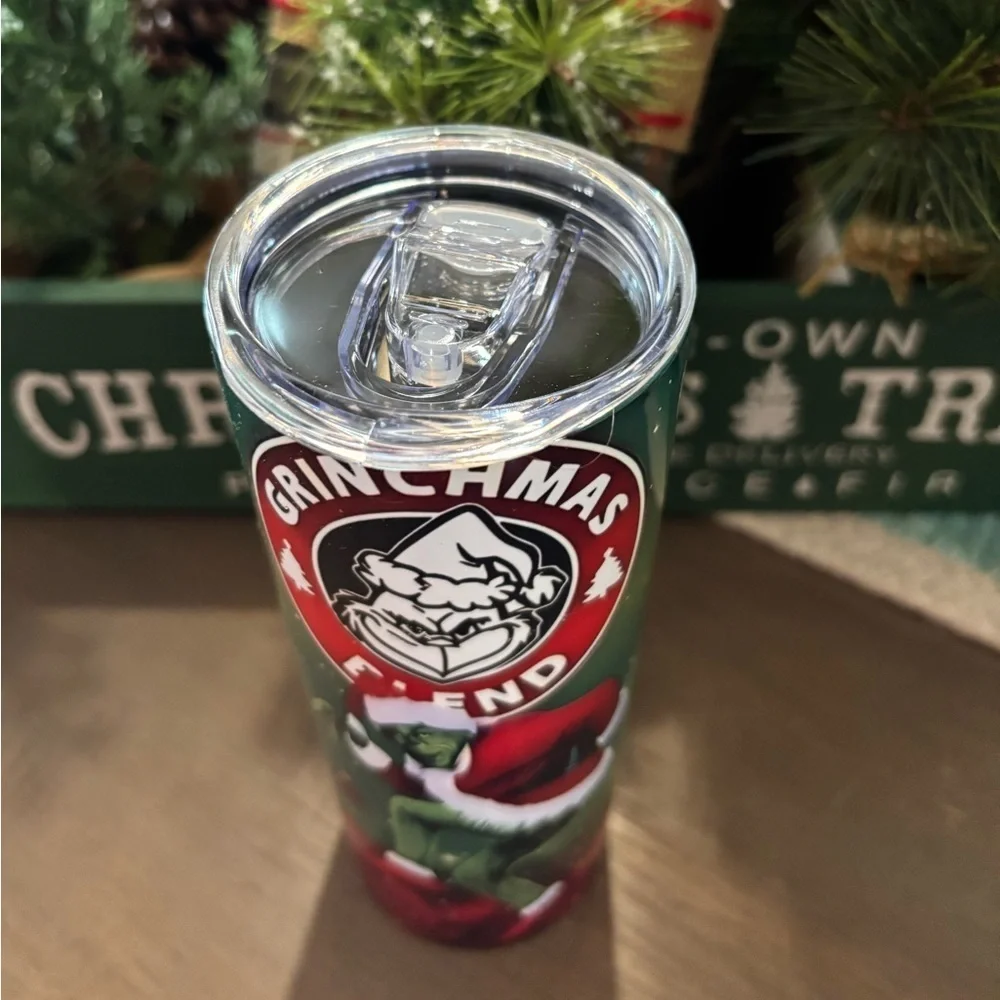 Grinch Christmas Tumbler Travel Cup with Lid & Reusable Straw
